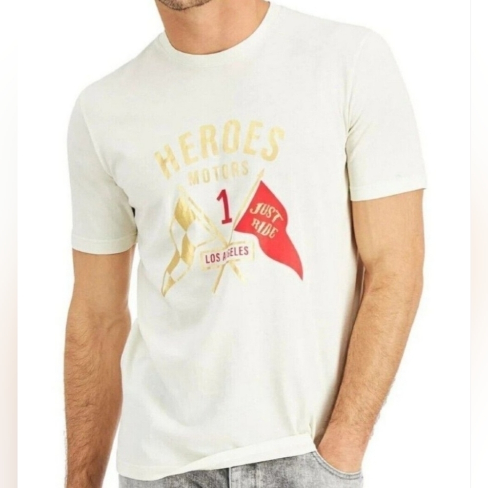 Heroes Motors Mens Flagged T-Shirt Ivory Size XXL. New With Tags.
